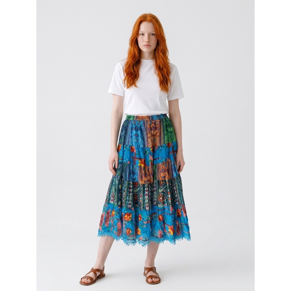 The Pyramid Collection Womens Patchwork Tiered Maxi Skirt Blue Floral Boho L